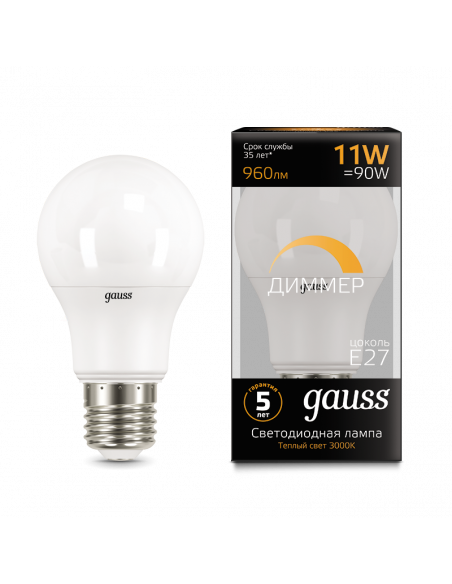 Лампа Gauss A60 11W 960lm 3000К E27 диммируемая LED 1/10/50