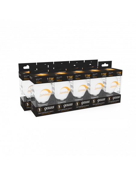 Лампа Gauss A60 11W 960lm 3000К E27 диммируемая LED 1/10/50