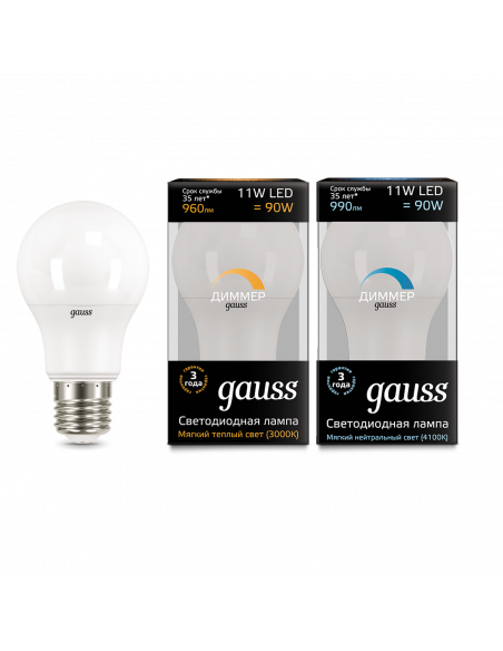 Лампа Gauss A60 11W 960lm 3000К E27 диммируемая LED 1/10/50