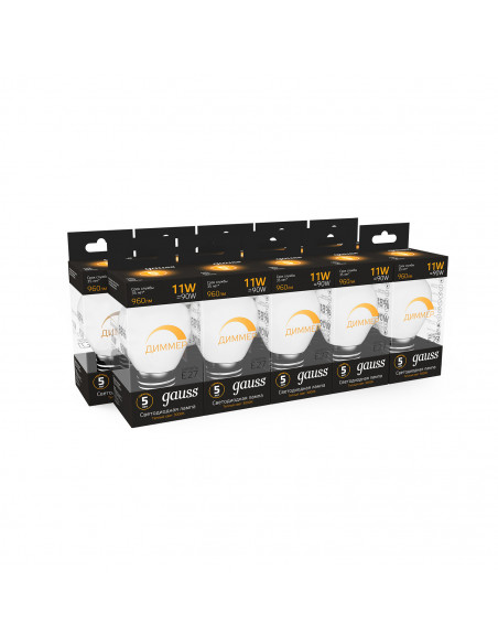 Лампа Gauss A60 11W 960lm 3000К E27 диммируемая LED 1/10/50