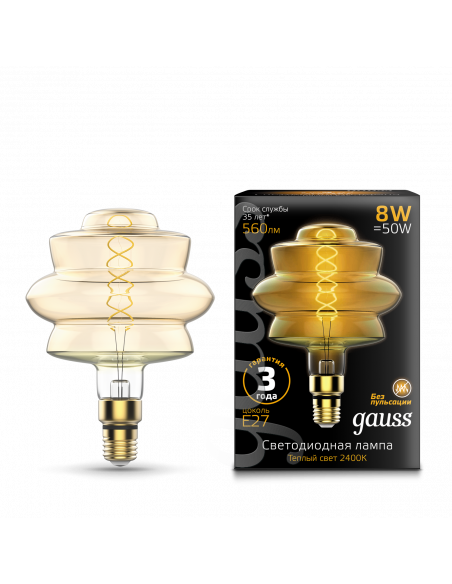 Лампа Gauss Filament BD180 8W 560lm 2400К Е27 golden flexible LED 1/4