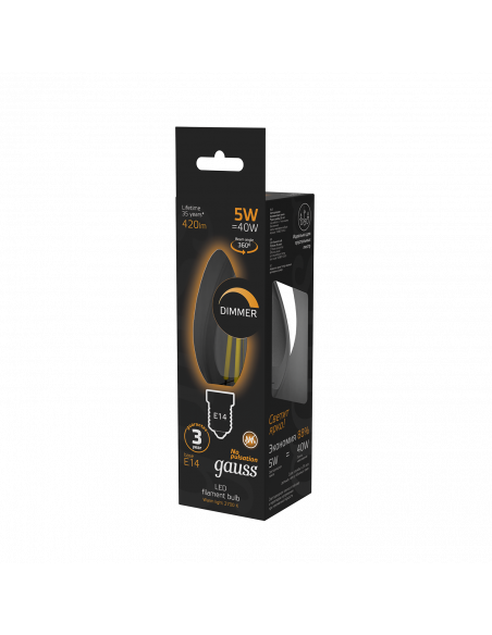 Лампа Gauss Filament Свеча 5W 420lm 2700К Е14 диммируемая LED 1/10/50