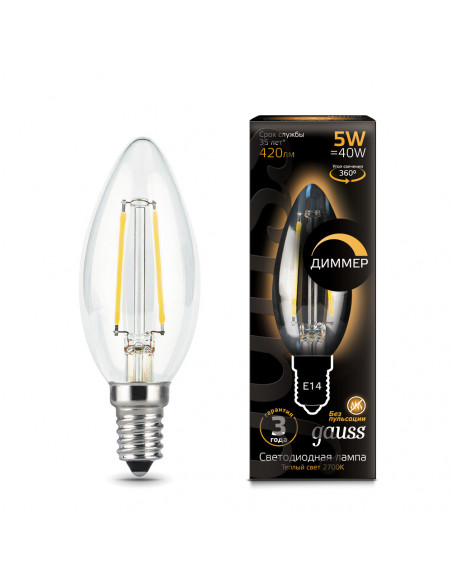 Лампа Gauss Filament Свеча 5W 420lm 2700К Е14 диммируемая LED 1/10/50