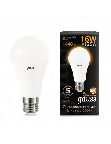 Лампа Gauss A60 16W 1440lm 3000K E27 LED 1/10/50