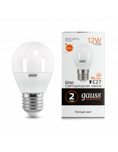 Лампа Gauss Elementary Шар 12W 880lm 3000K Е27...