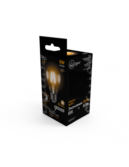 Лампа Gauss Filament А60 6W 600lm 2700К Е27 LED 1/10/40