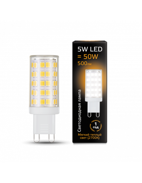 Лампа Gauss G9 AC185-265V 5W 500lm 2700K керамика LED 1/10/200