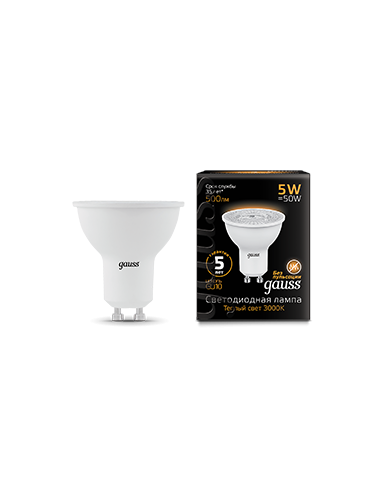 Лампа Gauss MR16 5W 500lm 3000K GU10 LED 1/10/100