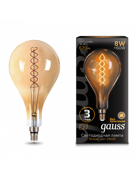 Лампа Gauss Filament А160 8W 620lm 2400К Е27 golden flexible LED 1/6