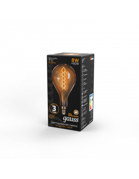 Лампа Gauss Filament А160 8W 620lm 2400К Е27 golden flexible LED 1/6