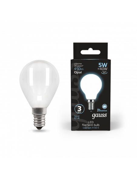 Лампа Gauss Filament Шар 5W 450lm 4100К Е14 milky LED 1/10/50