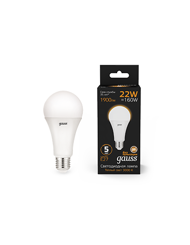 Лампа Gauss A70 22W 1900lm 3000K E27 LED 1/10/50
