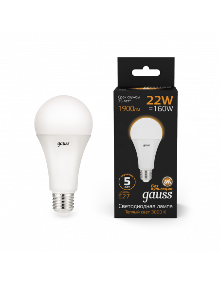 Лампа Gauss A70 22W 1900lm 3000K E27 LED 1/10/50