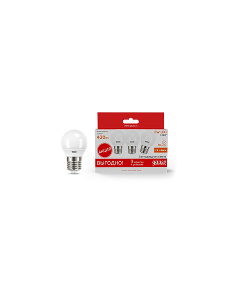 Лампа Gauss Elementary Шар 6W 3000K E27 (3 лампы в упаковке) LED 1/40