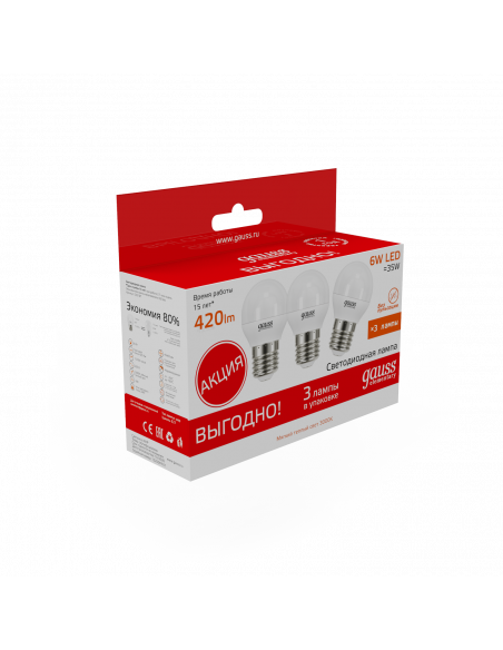 Лампа Gauss Elementary Шар 6W 3000K E27 (3 лампы в упаковке) LED 1/40