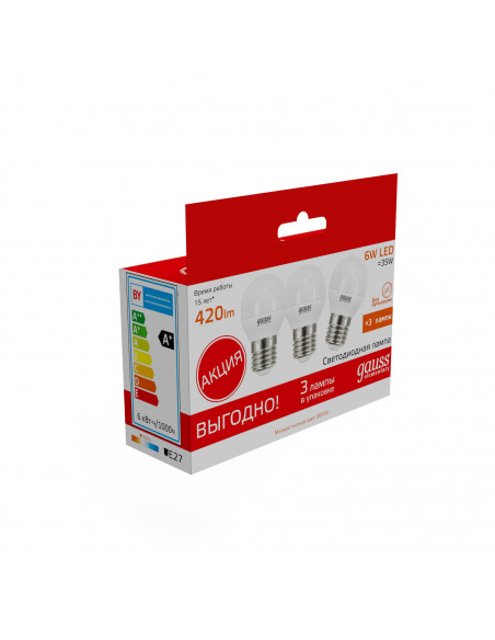 Лампа Gauss Elementary Шар 6W 3000K E27 (3 лампы в упаковке) LED 1/40