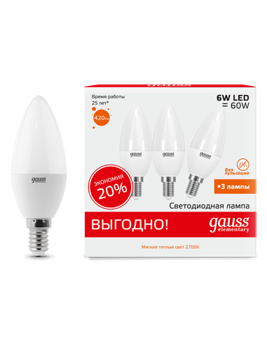 Лампа Gauss Elementary Свеча 6W 420lm 3000K E14...