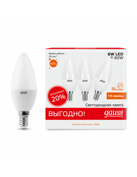Лампа Gauss Elementary Свеча 6W 420lm 3000K E14 (3 лампы в упаковке) LED 1/40