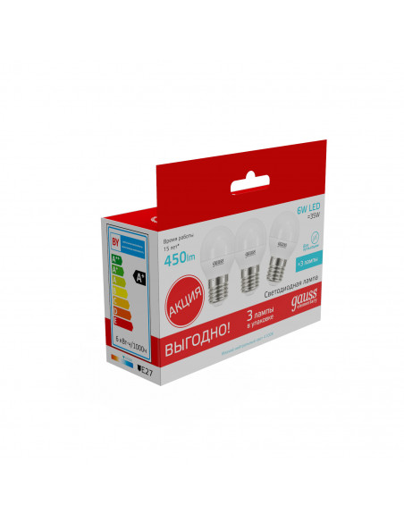 Лампа Gauss Elementary Шар 6W 4100K E27 (3 лампы в упаковке) LED 1/40