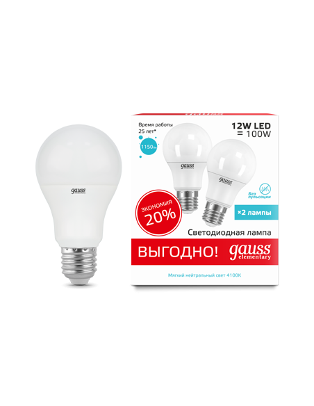 Лампа Gauss Elementary A60 12W 4100K E27 (2 лампы в упаковке) LED 1/50