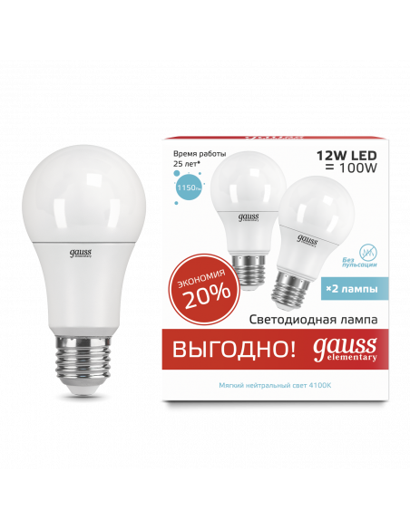 Лампа Gauss Elementary A60 12W 4100K E27 (2 лампы в упаковке) LED 1/50