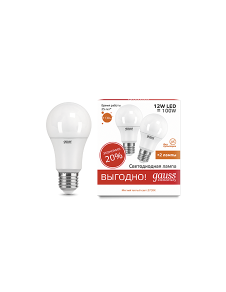 Лампа Gauss Elementary A60 12W 3000K E27 (2 лампы в упаковке) LED 1/50