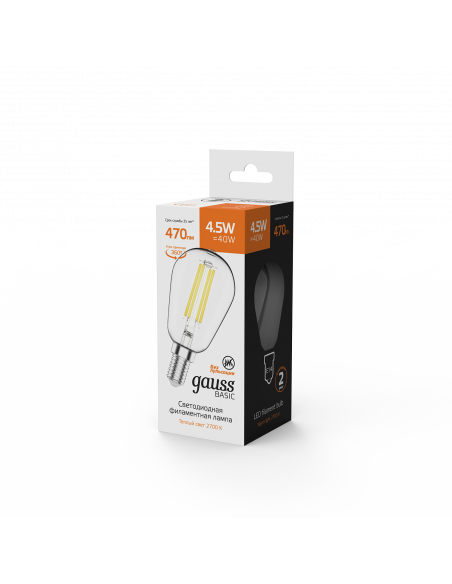 Лампа Gauss Basic Filament ST45 4,5W 470lm 2700К Е14 LED 1/10/50