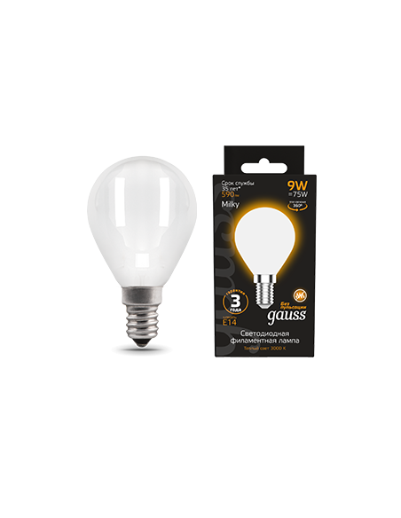 Лампа Gauss Filament Шар 9W 590lm 3000К Е14 milky LED 1/10/50