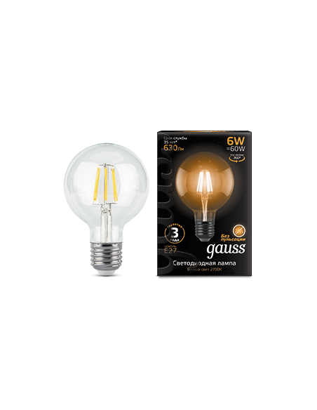 Лампа Gauss Filament G95 6W 630lm 2700К Е27 LED 1/20