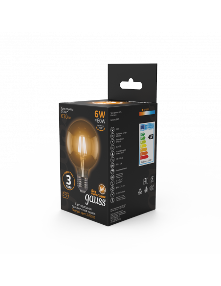 Лампа Gauss Filament G95 6W 630lm 2700К Е27 LED 1/20