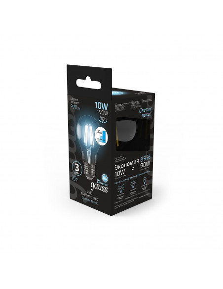 Лампа Gauss Filament А60 10W 970lm 4100К Е27 шаг. диммирование LED 1/10/40