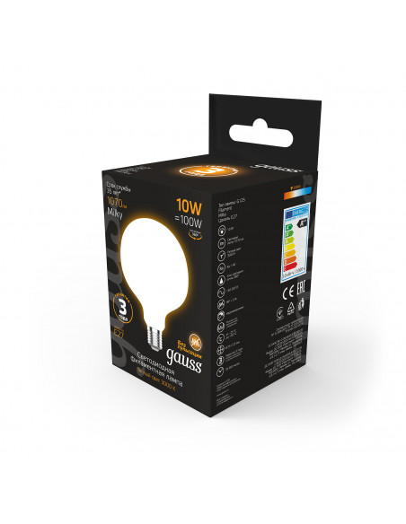 Лампа Gauss Filament G125 10W 1070lm 3000К Е27 milky LED 1/20