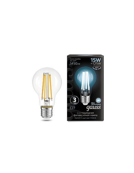 Лампа Gauss Filament А60 15W 1450lm 4100К Е27 LED 1/10/40