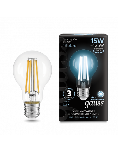 Лампа Gauss Filament А60 15W 1450lm 4100К Е27 LED 1/10/40