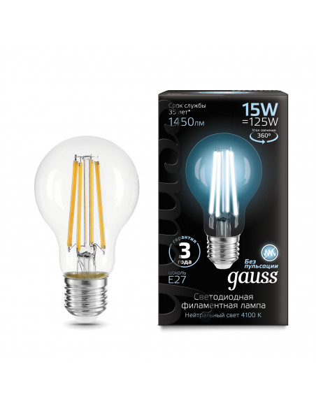 Лампа Gauss Filament А60 15W 1450lm 4100К Е27 LED 1/10/40