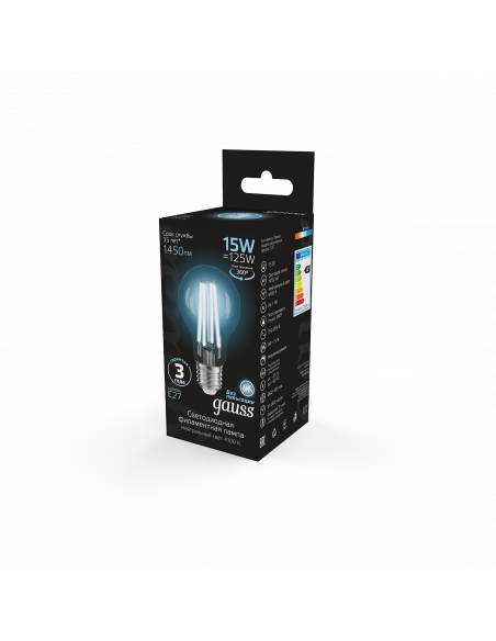 Лампа Gauss Filament А60 15W 1450lm 4100К Е27 LED 1/10/40