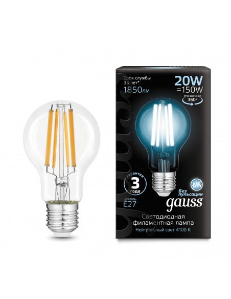 Упаковка 10 штук Лампа Gauss Filament А60 20W 1850lm 4100К Е27 LED 1/10/40