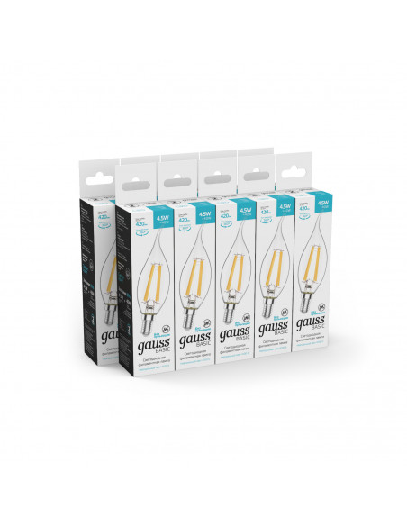 Лампа Gauss Basic Filament Свеча на ветру 4,5W 420lm 4100К Е14 LED 1/10/50