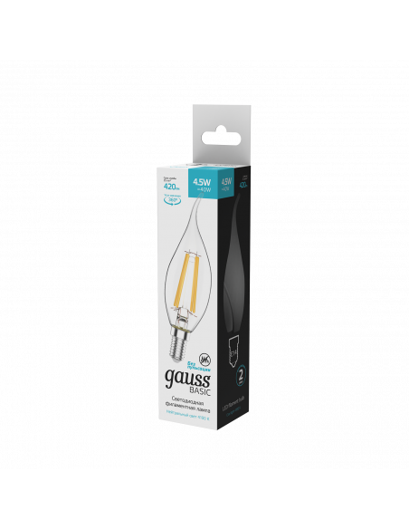 Лампа Gauss Basic Filament Свеча на ветру 4,5W 420lm 4100К Е14 LED 1/10/50