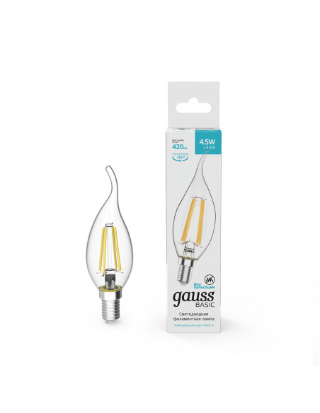Лампа Gauss Basic Filament Свеча на ветру 4,5W 420lm 4100К Е14 LED 1/10/50