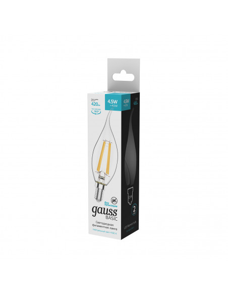 Лампа Gauss Basic Filament Свеча на ветру 4,5W 420lm 4100К Е14 LED 1/10/50