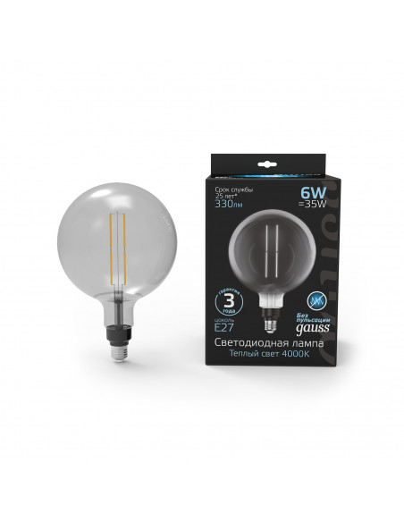 Лампа Gauss Filament G200 6W 330lm 4000К Е27 gray straight LED 1/6