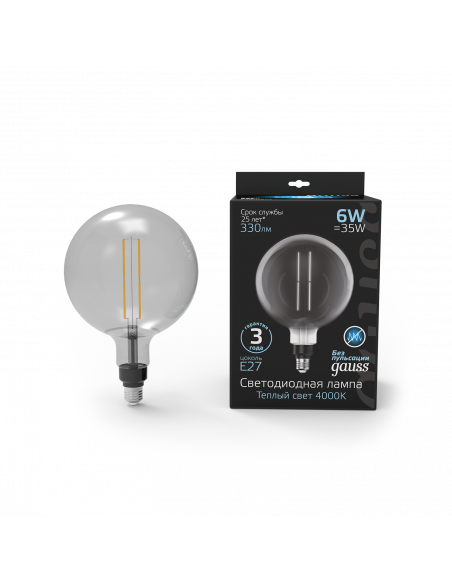 Лампа Gauss Filament G200 6W 330lm 4000К Е27 gray straight LED 1/6