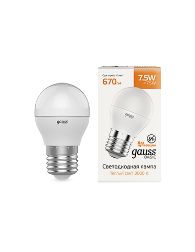 Лампа Gauss Basic Шар 7,5W 670lm 3000K E27 LED...
