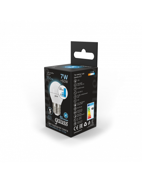 Лампа Gauss Шар 7W 550lm 4100K Е27 шаг. диммирование LED 1/10/100