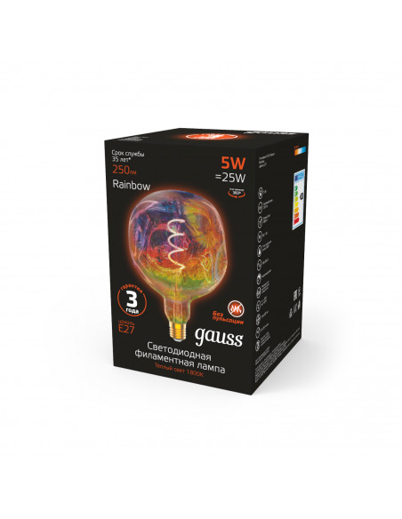 Лампа Gauss Filament G150 5W 250lm 1800К Е27 rainbow LED 1/6