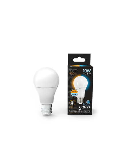 Лампа Gauss A60 10W 930lm 2700K/4100K E27 изм.цвет.темп. LED 1/10/50