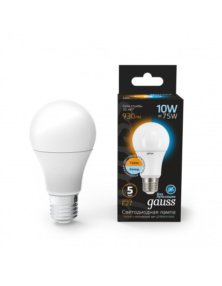 Лампа Gauss A60 10W 930lm 2700K/4100K E27 изм.цвет.темп. LED 1/10/50