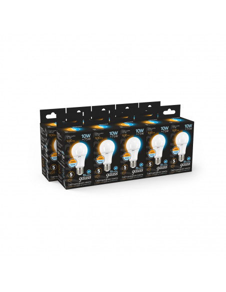 Лампа Gauss A60 10W 930lm 2700K/4100K E27 изм.цвет.темп. LED 1/10/50