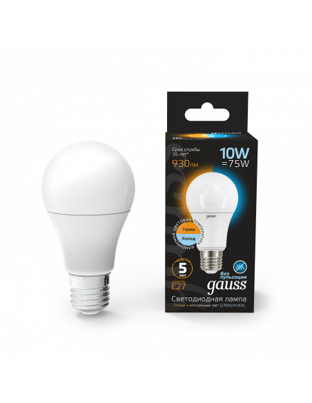 Лампа Gauss A60 10W 930lm 2700K/4100K E27 изм.цвет.темп. LED 1/10/50